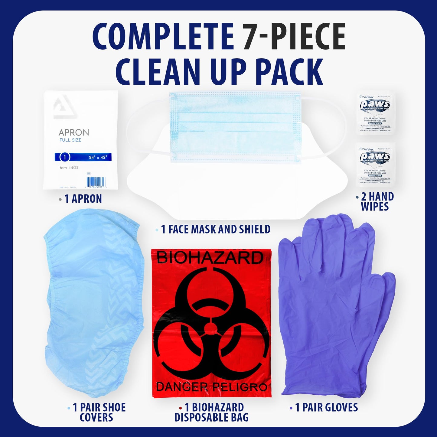 MFASCO Disposable PPE Kit with Apron & Visor - Complete Protection - Mask, Visor, Apron, Gloves, Shoe Covers - USA Assembled - Vomit, Blood, Urine & Feces Protection
