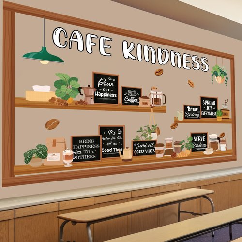 Pajean Cafe Kindness Bulletin Board Set Plant Coffee Motivational Classroom Decorations Bookshelf Reading Bulletin Board Inspirational Cutouts for Back to School Library Decor Office Supplies