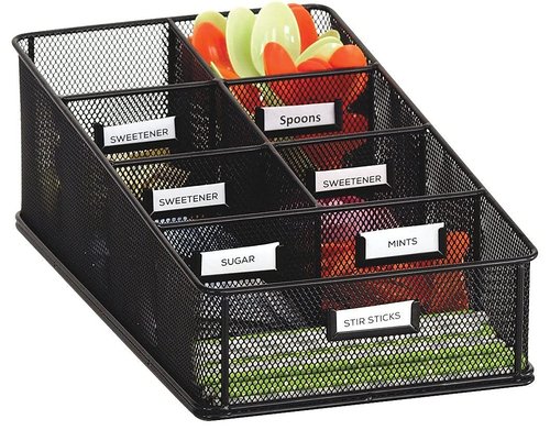Safco 3291BL Onyx Mesh Condiment Carton Organizer 7 Compartments Break Room, Classroom Supply Organizer Steel Metal Mesh Includes Labels Black