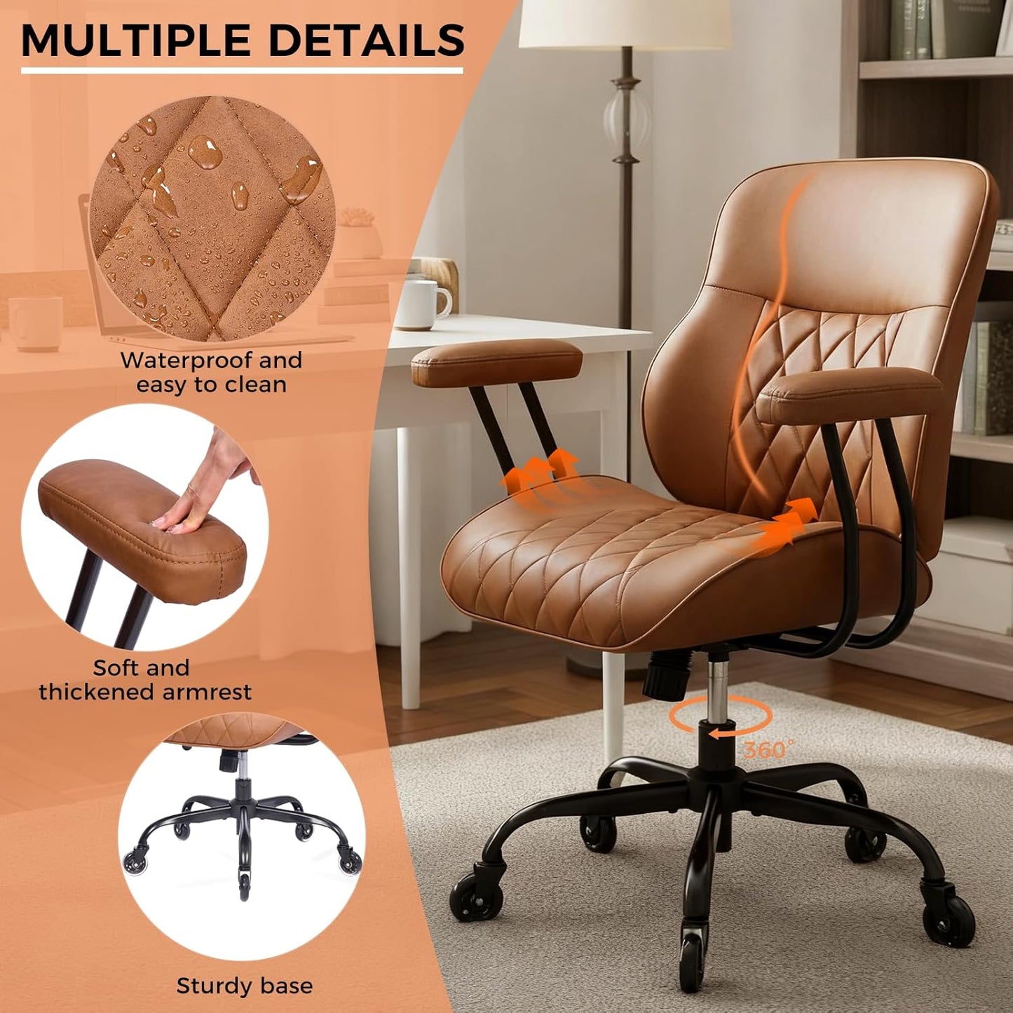 BEWISHOME Brown Leather Office Chair - Ergonomic Design with Lumbar Support & Adjustable Height | 360° Swivel