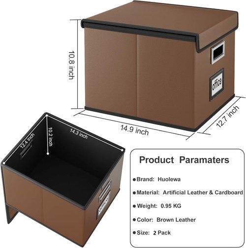 Huolewa File Organizer Boxes - Collapsible Faux Leather Filing System with Lids | Decorative Home & Office Storage