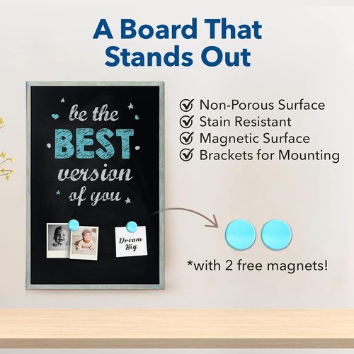 Magnetic Chalkboard Blackboard by [Brand Name] - Large 24 x 36 Rustic Framed Wall Board in Dusty Blue - Perfect for Home & Office Use