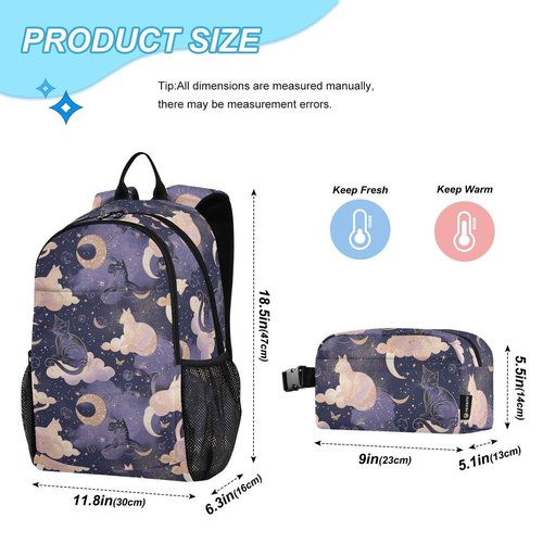 ALAZA Cat Moon Star Witchy Backpack and Lunch Bag Set Back Pack Bookbag Cooler Case Kits