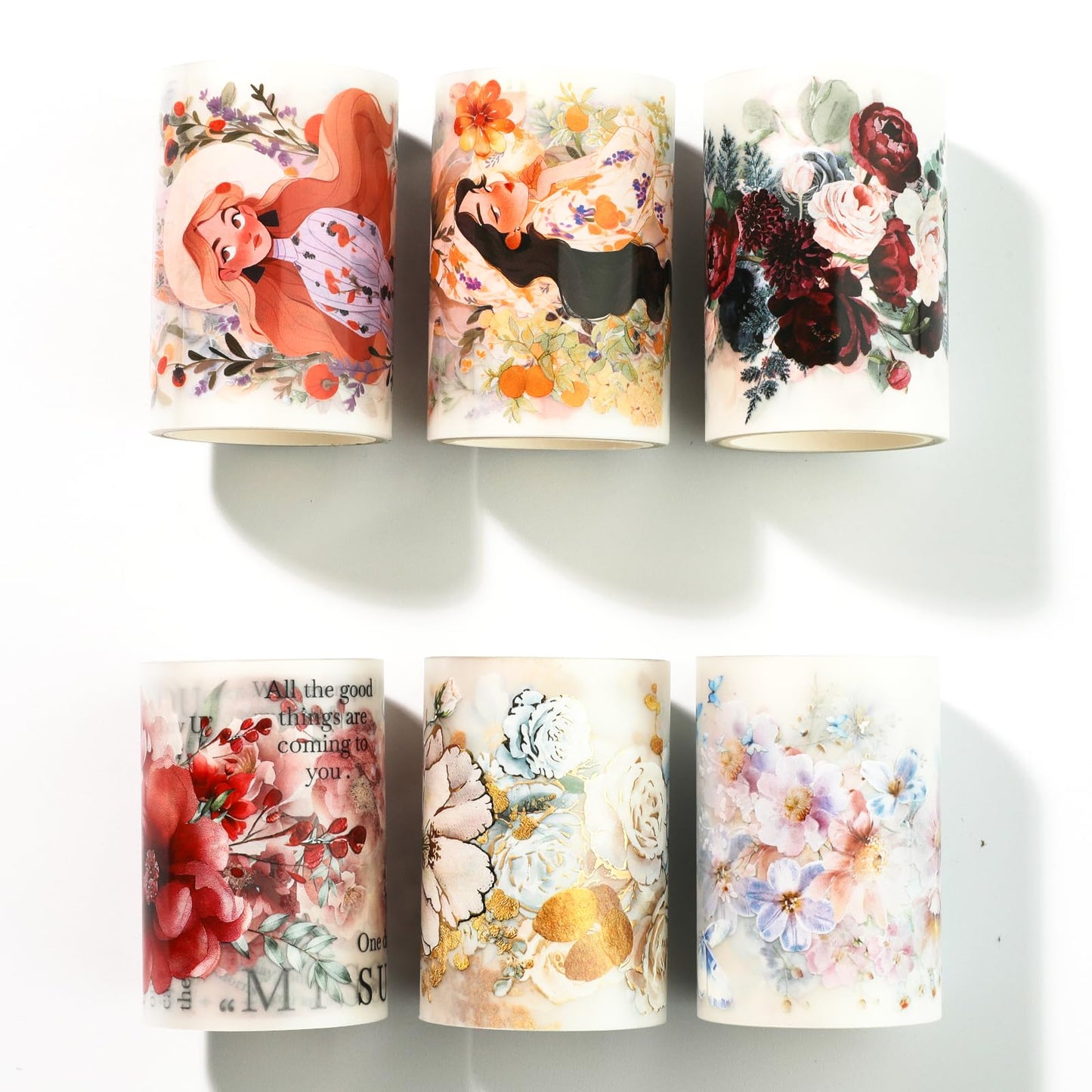 Cratey Floral PET Washi Tape Set - 6 Roll Wide PET Tape for Scrapbook Supplies,Character Decorative Girls Sticker,Flower Stickers, Bullet Journals Materials,Planner Arts Craft Collage