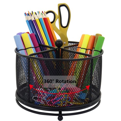 Flytreal Pen Holder for Desk, 360 Rotating Mesh Pencil Organizer Marker Storage Caddy, Black Large Capacity Desktop Stationery Organizer, 4 Compartments for Home Office School Kids Art Supplies