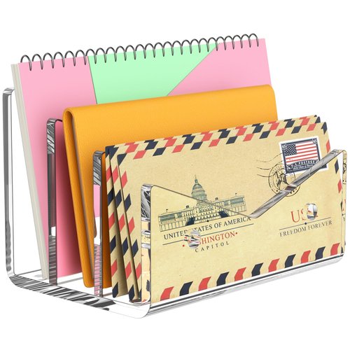 Rulyyo Mail Organizer Envelope Holder - 3 Compartments Clear Acrylic Mail Holder Countertop Vertical Desk Organizer Small File Bill Document Notebook Letter Sorter for Home School Office Supplies