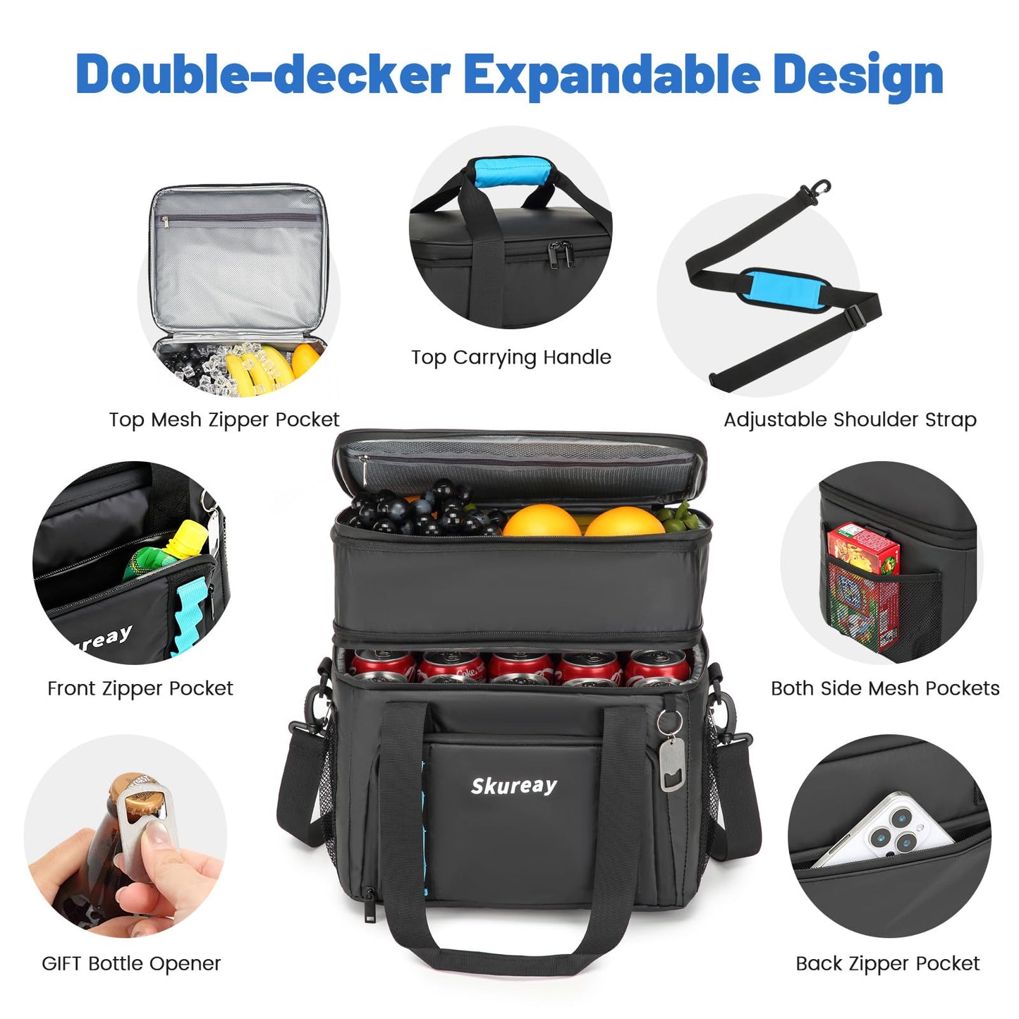 Expandable Soft Cooler Bag, Double Deck Lunch Bag for Women/Man, 40 Cans, Leakproof Cooler Portable for Beach, Camping, Kayaking, Road Trips, Travel, Work (Black)