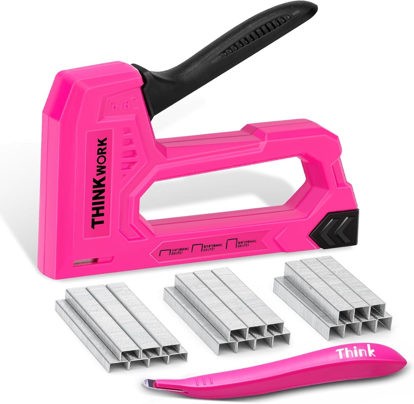 THINKWORK Light Duty Staple Gun - Pink Upholstery Stapler with 1600 JT21 Staples & Remover | Ideal for Crafts & DIY Projects