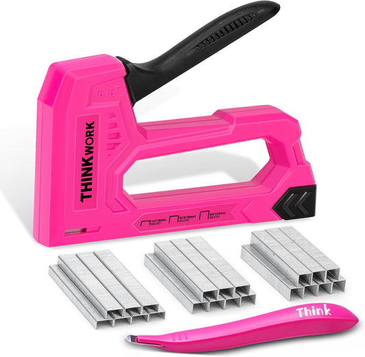 THINKWORK Light Duty Staple Gun - Pink Upholstery Stapler with 1600 JT21 Staples & Remover | Ideal for Crafts & DIY Projects