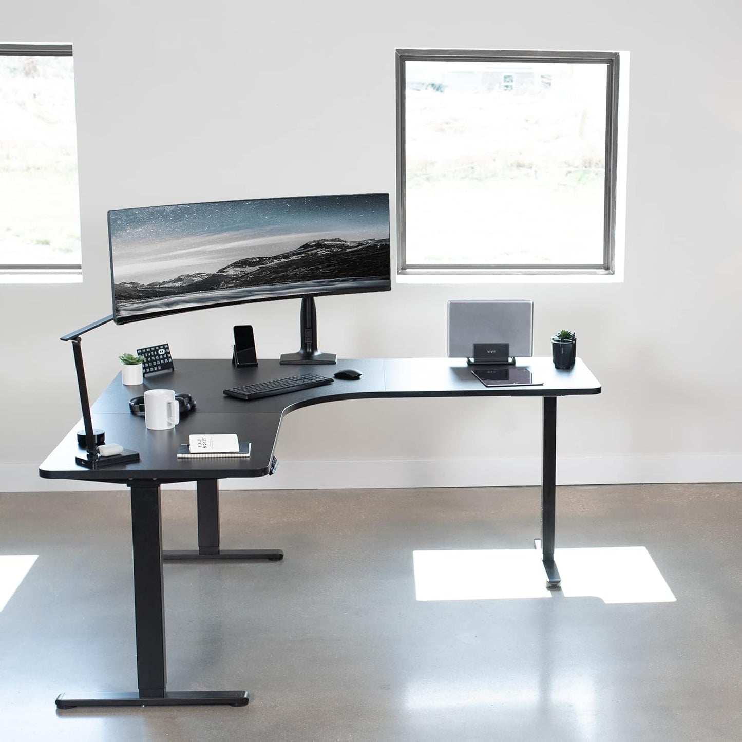 VIVO Electric Height Adjustable L-Shaped Stand Up Desk - 71"x71" Curved Black Table Top & Frame | Memory Controller