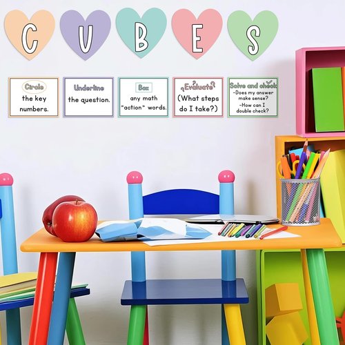 Mooliwe 10 Pcs Math Bulletin Board Set for Classroom Cubes Math Poster Back to School Bulletin Board Keywords Paper Cutouts Problem Solving Poster for 2025 New School Years Wall Elementary Preschool