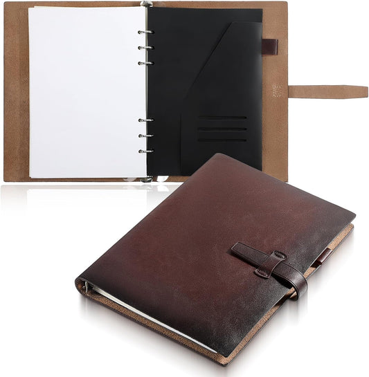 Skiennix Refillable A5 Leather Binder Notebook - Genuine Leather Journal with 6 Rings, Pocket & Card Slots