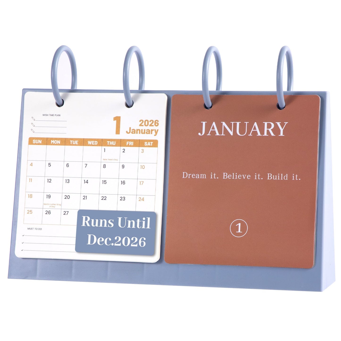 Bibiage 2026 Small Desk Calendar - Mini Flip Standing Desk Calendar with Motivational Quotes, Stable Plastic Base Desktop Calendar, Cute Desk Decor for Home Office School, Pink 10" x 6", Blue