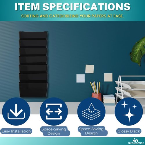 1InTheHome Hanging Wall File Organizer, Wall Mounted File Holder, Letter Size, 7 Pocket, Expandable, Black