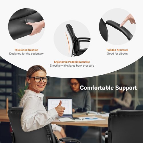 Sweetcrispy Waiting Room Guest Chair Set of 2, Leather Stationary Office Reception Chairs No Wheel, Comfy Padded Arms and Seld Base, for Conference Room Lobby Home Computer Desk Bedroom Elderly, Black