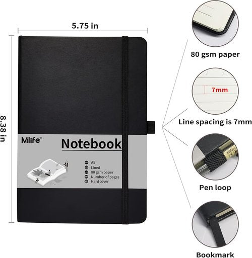 Mlife A5 Lined Journal Notebook - College Ruled, 196 Pages, 5.75" x 8.38", Hardcover - 3 Pack Black