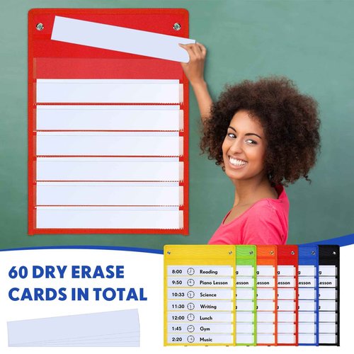 Leinuosen 6 Pcs Magnetic Pocket Chart for Classroom with 60 Dry Erase Cards Toddler Schedule Chart Daily Schedule Pocket Chart Classroom Pocket Chart for Kids Teacher Learning Supplies (Bright Color)