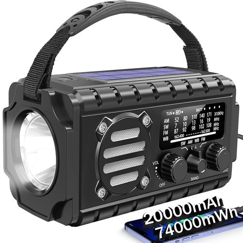 TFTDOUP Emergency Radio Hand Crank Solar, AM/FM/SW NOAA Weather Radio Built-in 20000mah Large Battery Powered,Type-C Charger,Flashlight, Reading Light,SOS, Compact & Portable for Camping/Emergencies
