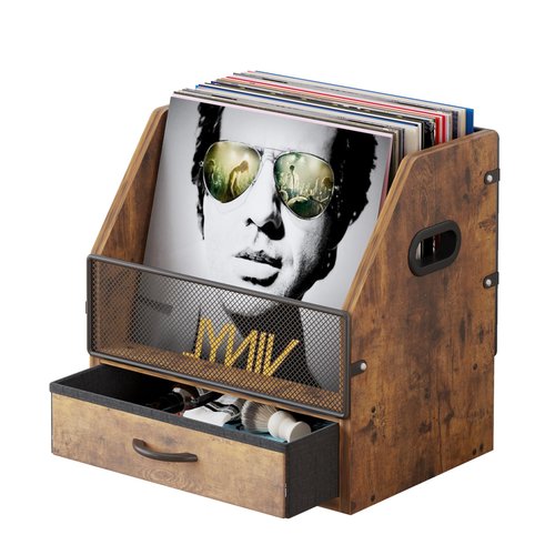 VonDream Vinyl Record Storage with Drawer, Vinyl Record Box Case Crate, Desktop Metal & Wooden LP Record Crate, Holds up to 60 Records (Antique)