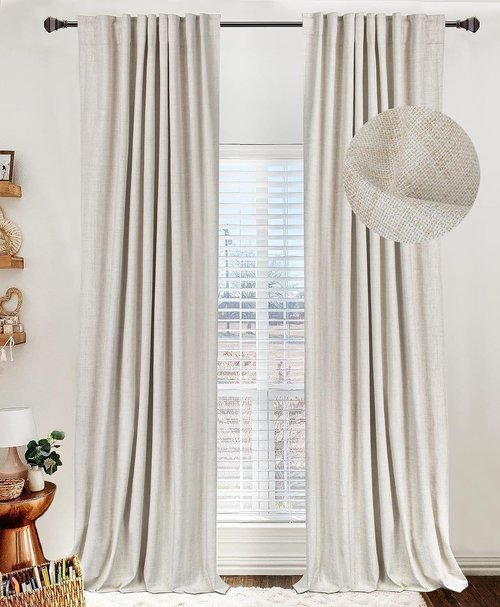 Skiennix 100% Blackout Linen Curtains - Thermal Insulated Drapes for Bedroom | 84" Long, Cream, 2 Panels Set