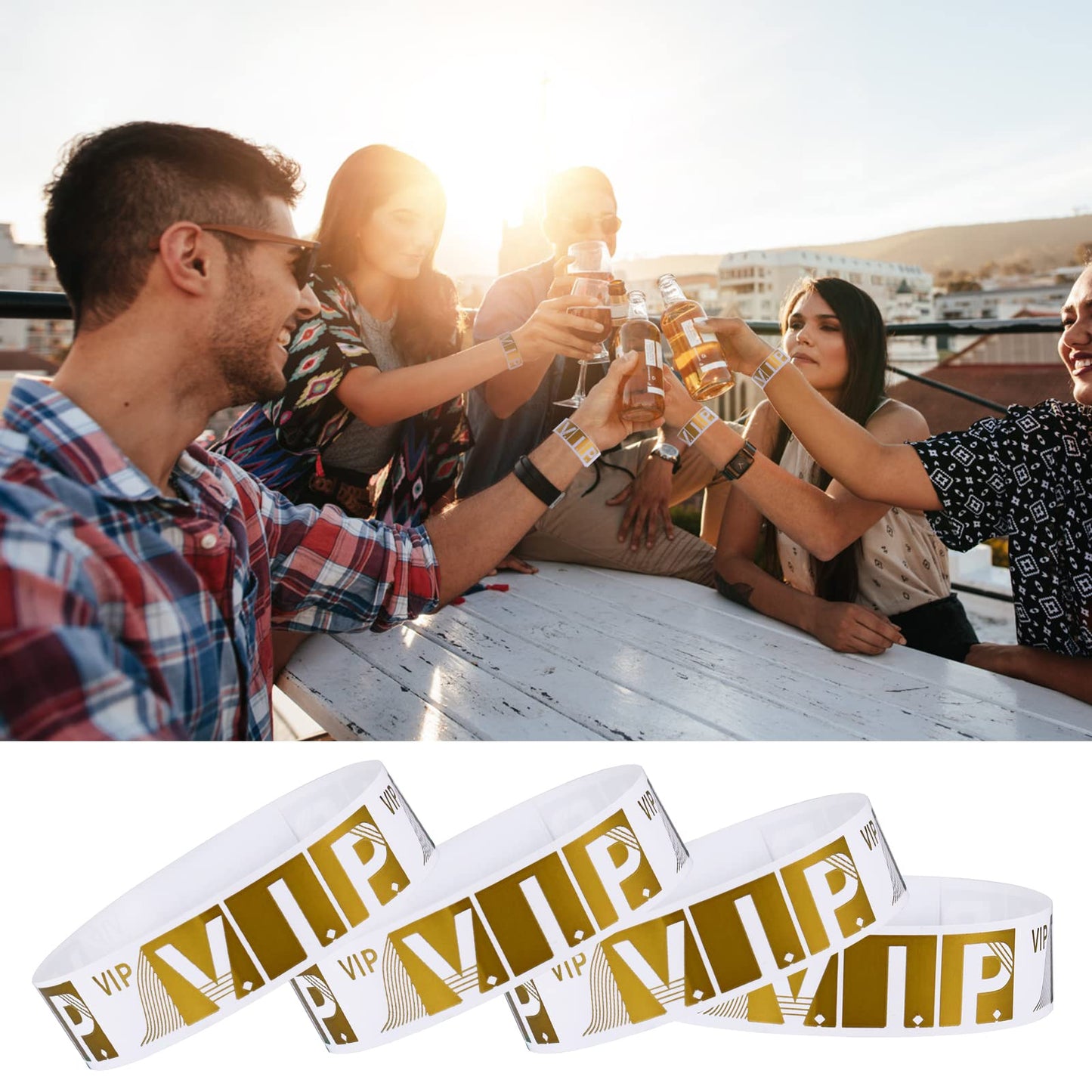 100 Pcs VIP Wristbands for Events Waterproof Paper Bracelets Lightweight Event Wristbands for Party Concert Club Amusement Park Festivals (Gold)