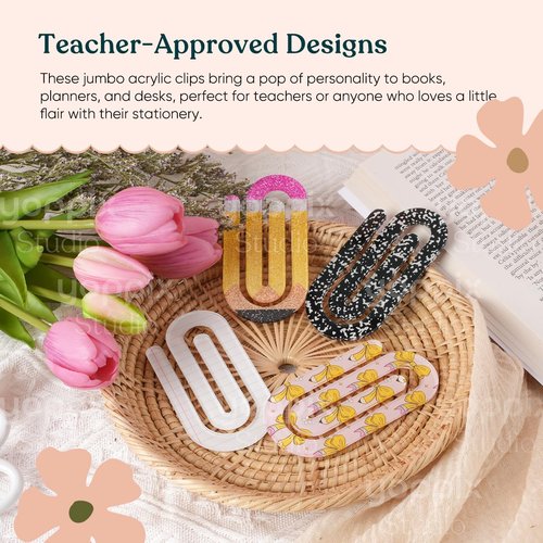 YOPPIX 12 Pcs Jumbo Teacher Acrylic Paper Clips Teacher Appreciation Gift Cute Penci Paperclip Design for Office Classroom Bookmark Gift Book Lovers, Back to School Supplies