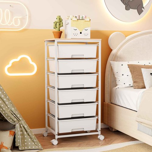 6-Drawer Rolling Storage Cart with Lockable Wheels & Wooden Tabletop, Mobile Utility Organizer Cart for Craft Supplies, Office, Classroom, Bedroom, Living Room, Kids' Room, Gradient White