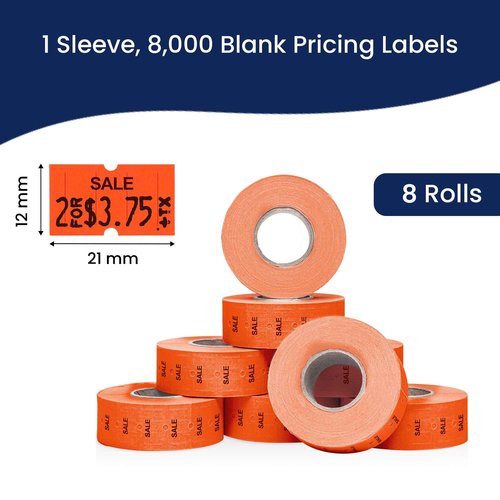 Perco 1 Line Fluorescent Red Sale Labels - 8 Rolls, 1 Sleeve, 8,000 Blank Price and Date Gun Labels for Perco 1 Line Price and Date Guns - Made in USA