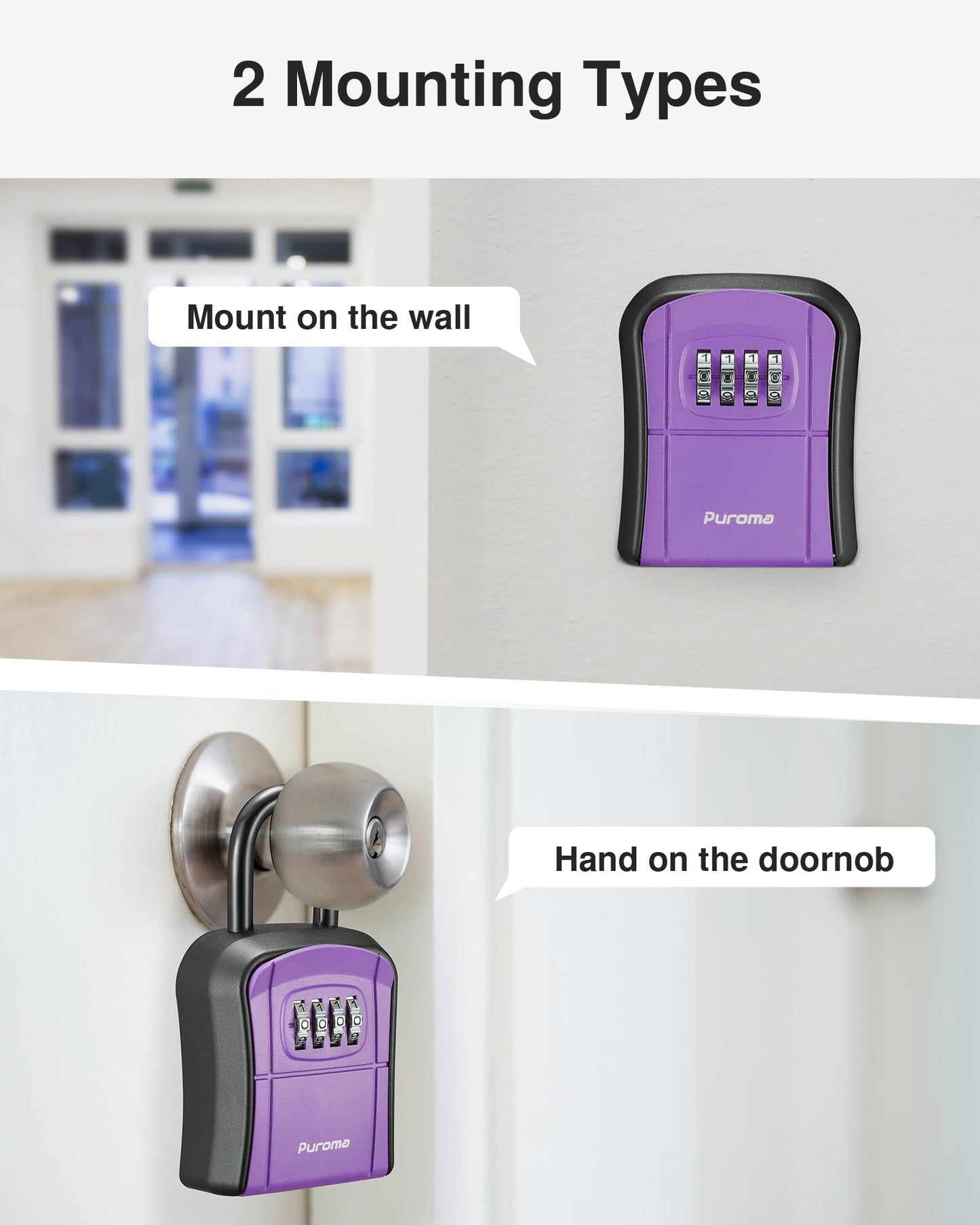 Puroma Key Lock Box, Portable Combination Lockbox Wall-Mounted Key Storage Box for House Keys, Resettable Code Safe Security Lock Box for Home, Office, Apartment Spare Key Storage (1 Pack, Purple)