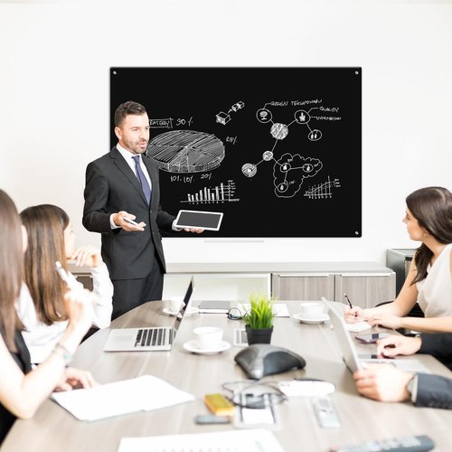 WALGLASS Black Dry Erase Board 24"x18" Magnetic Glass Board, Framless Black Glass Whiteboard for Walls, Bulletin Board for Office, School, Includes 6 Strong Magnets, 1 Pen Tray