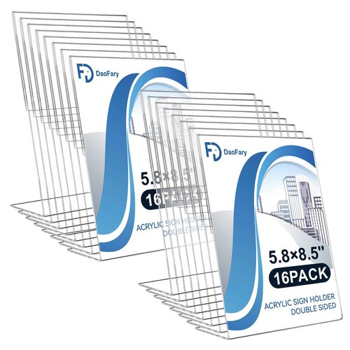 Daofary Acrylic Sign Holder 5.8 x 8.5,L Shape Slanted Back Clear Sign Holder Plastic Paper Holder Slant Back Sign Holders inches Sign Holder Plastic Display Stand for Office,Store,16 Pack