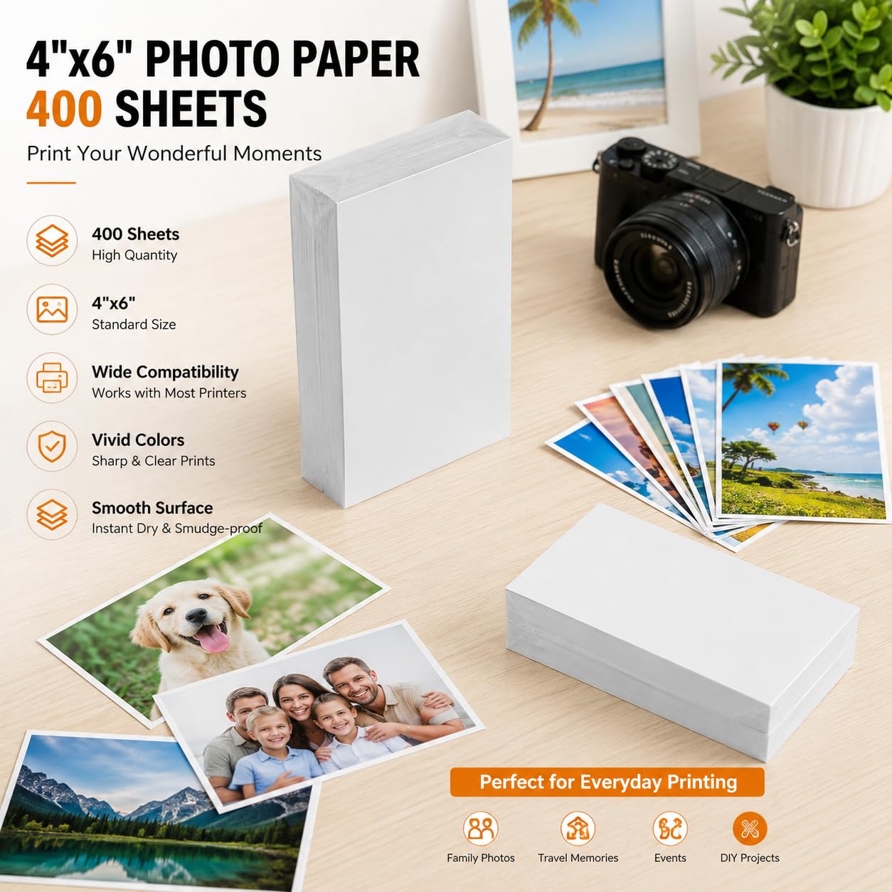 400 Sheets 4x6 Photo Paper Glossy 180gsm Premium Inkjet Printer Paper, 4"x 6" Waterproof High Gloss Photo Quality Paper, Smooth Bright White Finish, 4R Photographic Paper for All Inkjet Printers