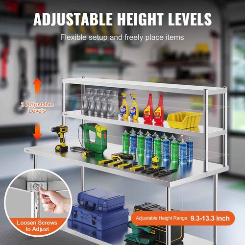 VEVOR Double Tier Stainless Steel Overshelf, 12 x 72 Inch Double Deck Height Adjustable Prep Work Table for Kitchen, Restaurant and Workshop
