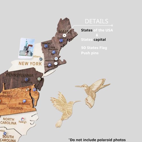 Jabihome 3D Wooden USA Map Wall Art - Unique Push Pin Design for Travel Lovers | Large Size 60"L x 37.5"W
