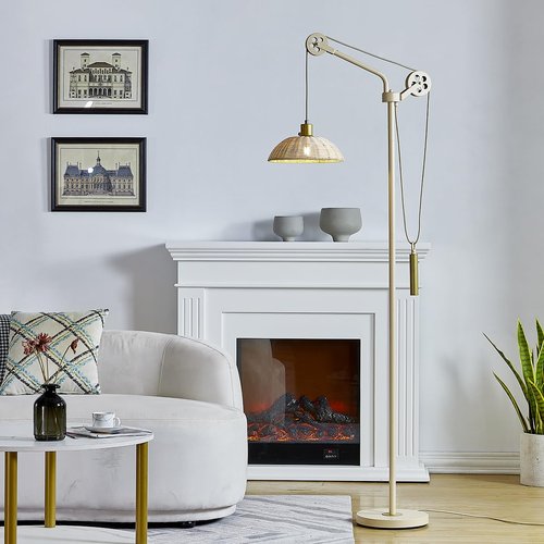 LeeZM Dimmable Rattan Floor Lamp for Living Room,Industrial Farmhouse Floor Lamps with Adjustable Rattan Shade,Modern Reading Pole Task Lamp,Arched Tall Standing Lamp for Bedroom Office,Beige