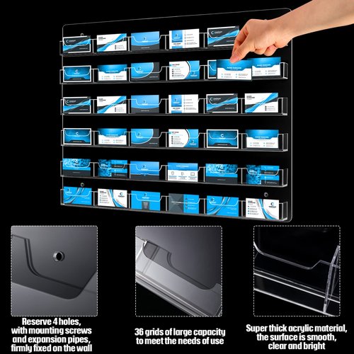 Lincia Acrylic Business Card Holder Wall Mount Clear Sticker Display Rack Multiple Clear Card Organizing Sticker Display Stand Pre Drilled Acrylic Holder (36 Pocket)