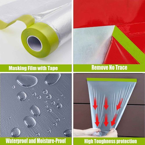 YUNXIHUI Painters Plastic with Tape, Tape and Drape, 10 Rolls Automotive Painters Tape and Plastic Film, Paint Plastic Covering Roll for Covering Skirting, Frames, Cars and Auto Body (55in X 65-Feet)