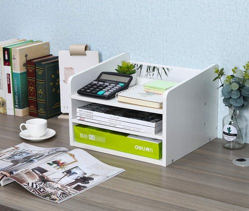 PAG Wood Desktop File Organizer Office Phone Stand for Desk Adjustable Desktop Shelf Mail Sorter Paper Magazine Holder Rack, White