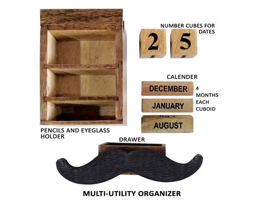 storeindya Pen Pencil Stand Holder - Spectacle Eyeglass Holder Stand Multi Organizer Calendar Wooden Display Stand Mustache Handcrafted Design