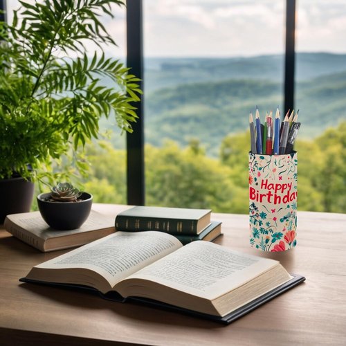 otnrnondcl Music Box Pen Holder Stand for Desk, Iron & Leather Pencil Makeup Brush Organizer, Rotating Musical Figure Present for Home, Birthday (Birthday Flowers - Christmas Song)