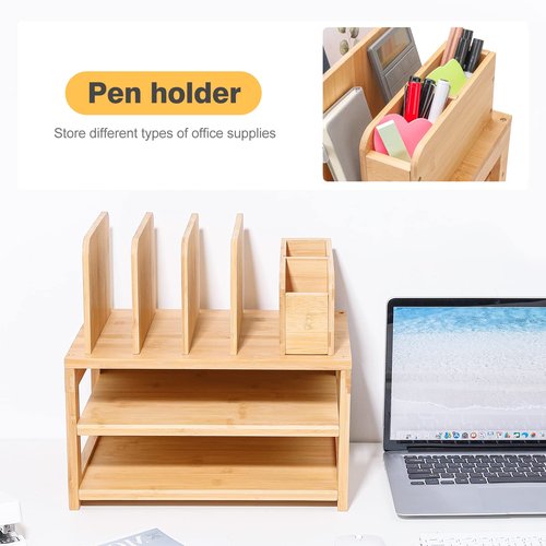 Homde Bamboo Desk Organizer with File Holder, Office Organization for Desks with Adjustable Pen Holding, Desktop Letter Paper Tray Storage for Workplace Home School (3-Tier,Natural)