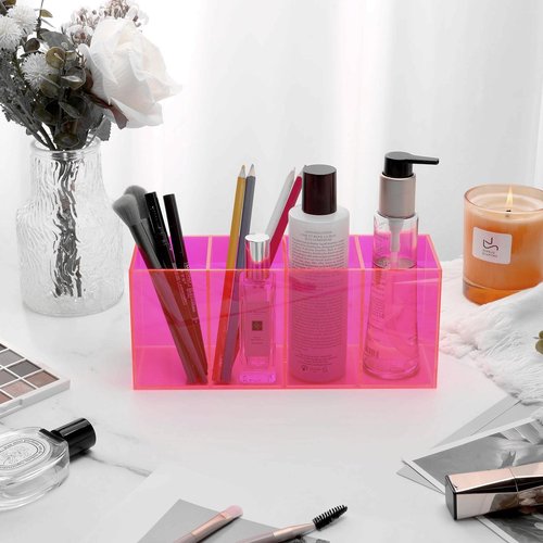 HappyDino Pen Holder for Desk Neon Acrylic Pencil Holder Cup Makeup Brush Storage Organizer for Vanity, Neon Pink