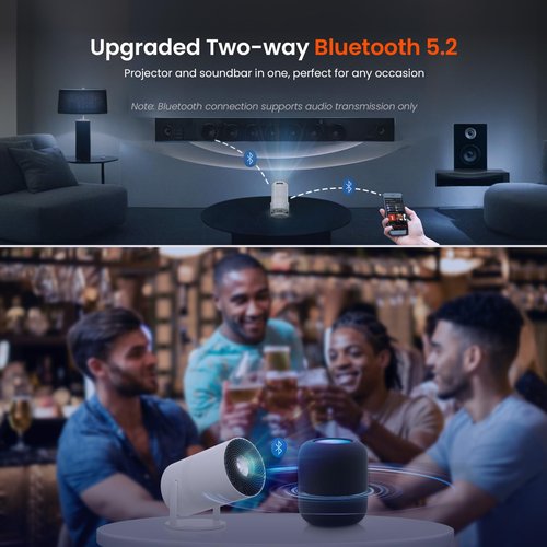 [Two-Way Bluetooth 5.2] Mini Portable Projector 1080P HD Multi-Angle Projection, Tecaki Smart Projector with 180°Rotatable Mount Auto Keystone Correction Long Lens Life (White2)