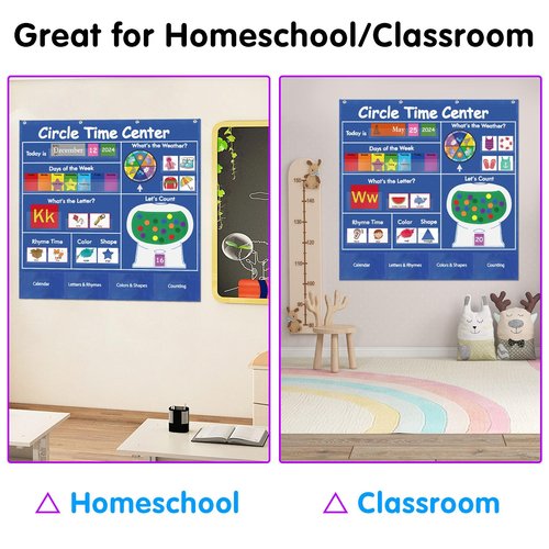 BOHEMIABY Circle Time Learning Center Classroom Pocket Chart Preschool, Educational Pocket Chart Teaching Materials, Learning Calendar Weather Counting Letter Color Shape (circle time learning center)