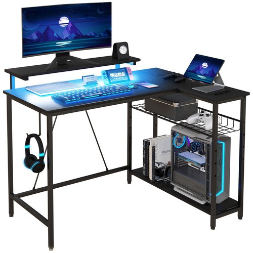 Zentrava 42" L Shaped Computer Desk, Corner Gamer Table with LED Lights, USB Charging Ports, Power Outlet, Reversible L Shaped Computer Desk with Storage Shelves and Monitor Stand (Black)