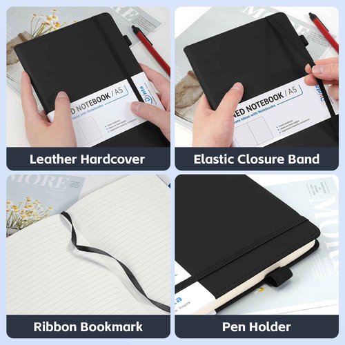 Dynta Hardcover Journal Notebooks 10 Pack A5 Lined Journals Bulk 5.8 x 8.4 Inch 160 Pages/80 Sheets College Ruled with Pen Loop Notebooks for Work, Writing, Note Taking (Black)