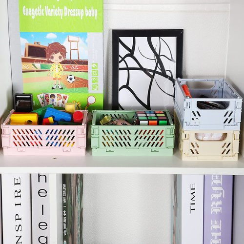 4-Pack Mini Plastic Baskets for Shelf Storage Organizing, Durable and Reliable Folding Storage Crate, Ideal for Home Kitchen Classroom and Office Organization, Bathroom Storage (5.9 x 3.8 x 2.2)