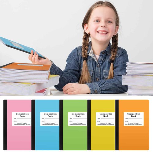 Janlaugh Composition Notebooks Bulk Wide Ruled Lined, 8.5 x 5.5 Inch, 30 Sheets/60 Pages, Back to School Supplies, First Day of School Notebooks for Teacher Student Office Supplies(50 Pack)