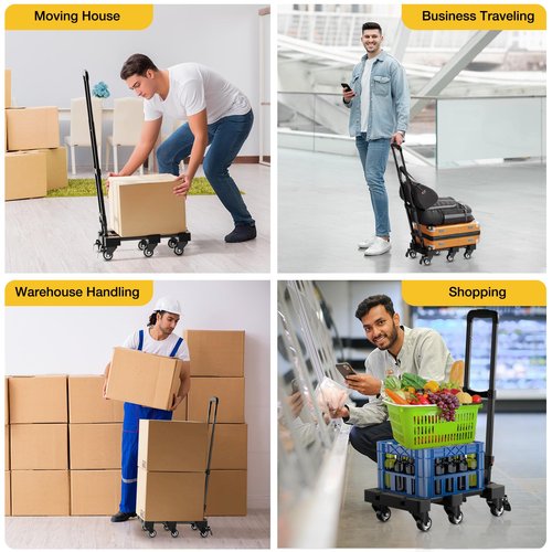 Ganweetech Folding Hand Truck, 500 LB Portable Dolly Cart Heavy Duty Luggage Cart with 6 Wheels & 2 Ropes for Travel, Moving, Shopping