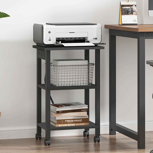TUTOTAK 3 Tier Printer Stand, Rolling Printer Cart with Power Outlets and USB Ports, Mobile Printer Table with Wheels, for Under Desk, Office, Home, Greige PS02BK001